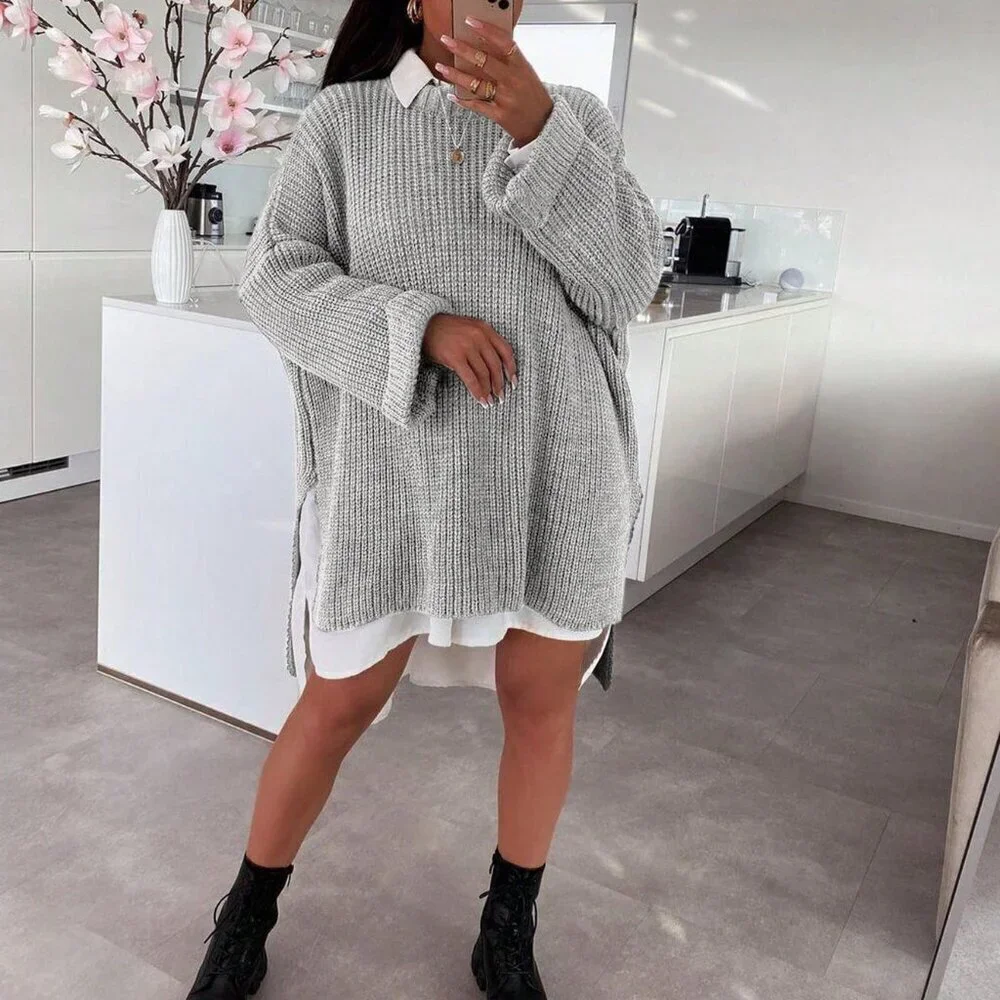 Grey Casual Women's Minimalist Long Split Sweater Top
